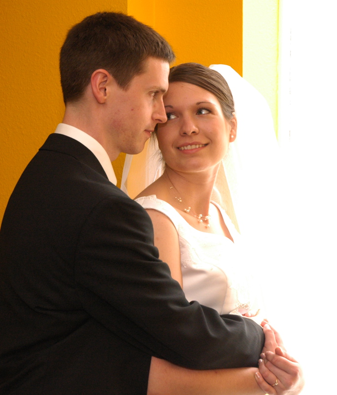 <p>Aaron and Kari all dressed up to get married</p>