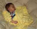 <p>Christian sleeping in the papasan with his yellow blanket</p>